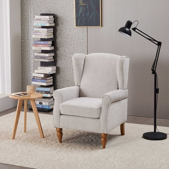 Coffee Table Armchair Set,Vintage Style, high-back comfortable reading chair (beige) & a solid wood coffee table (Natural Wood) , suitable for living rooms and bedroom relaxation areas.