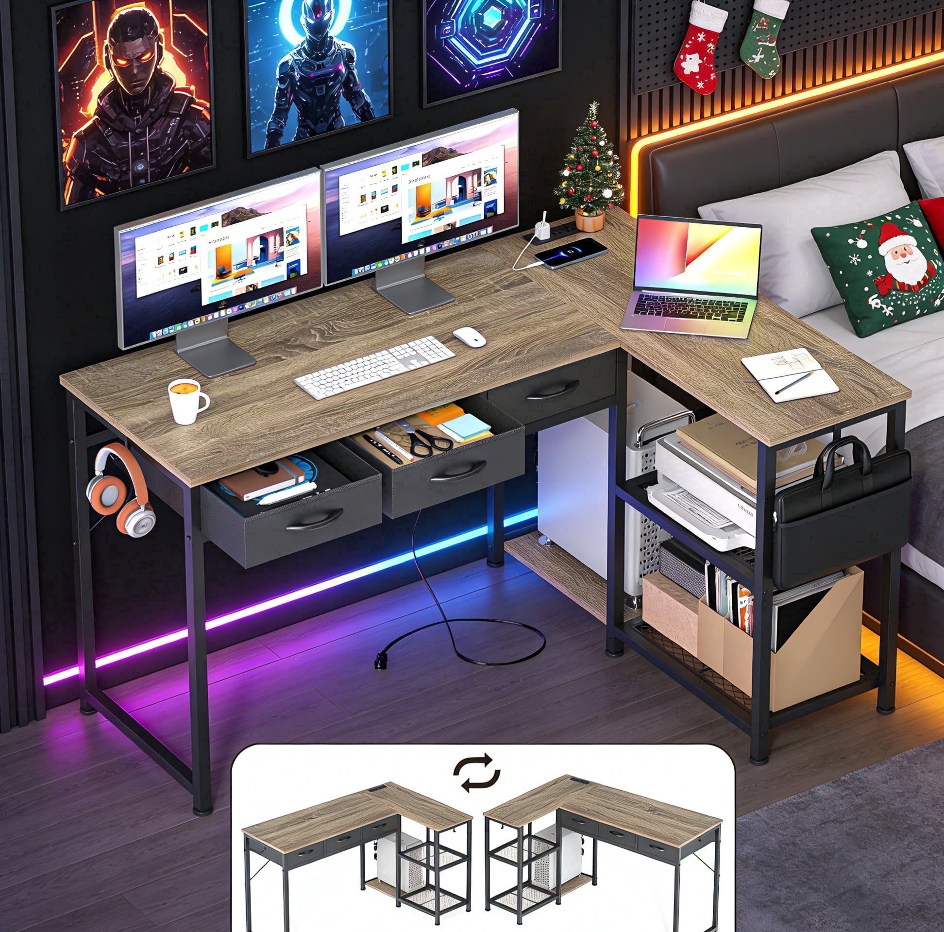 Asofer 53" L Shape Computer Desk, Gaming Desk for Home Office, Christmas Gift with 3 Drawers, Open Shelves & Integrated Power Outlet, Gray