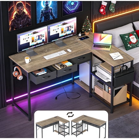 Asofer 53" L Shape Computer Desk, Gaming Desk for Home Office, Christmas Gift with 3 Drawers, Open Shelves & Integrated Power Outlet, Gray