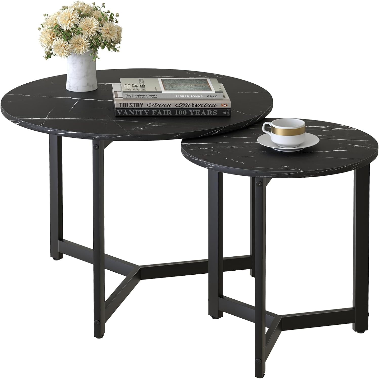 Coffee Table Black Round Nesting Table for Living Room, Faux Marble ...