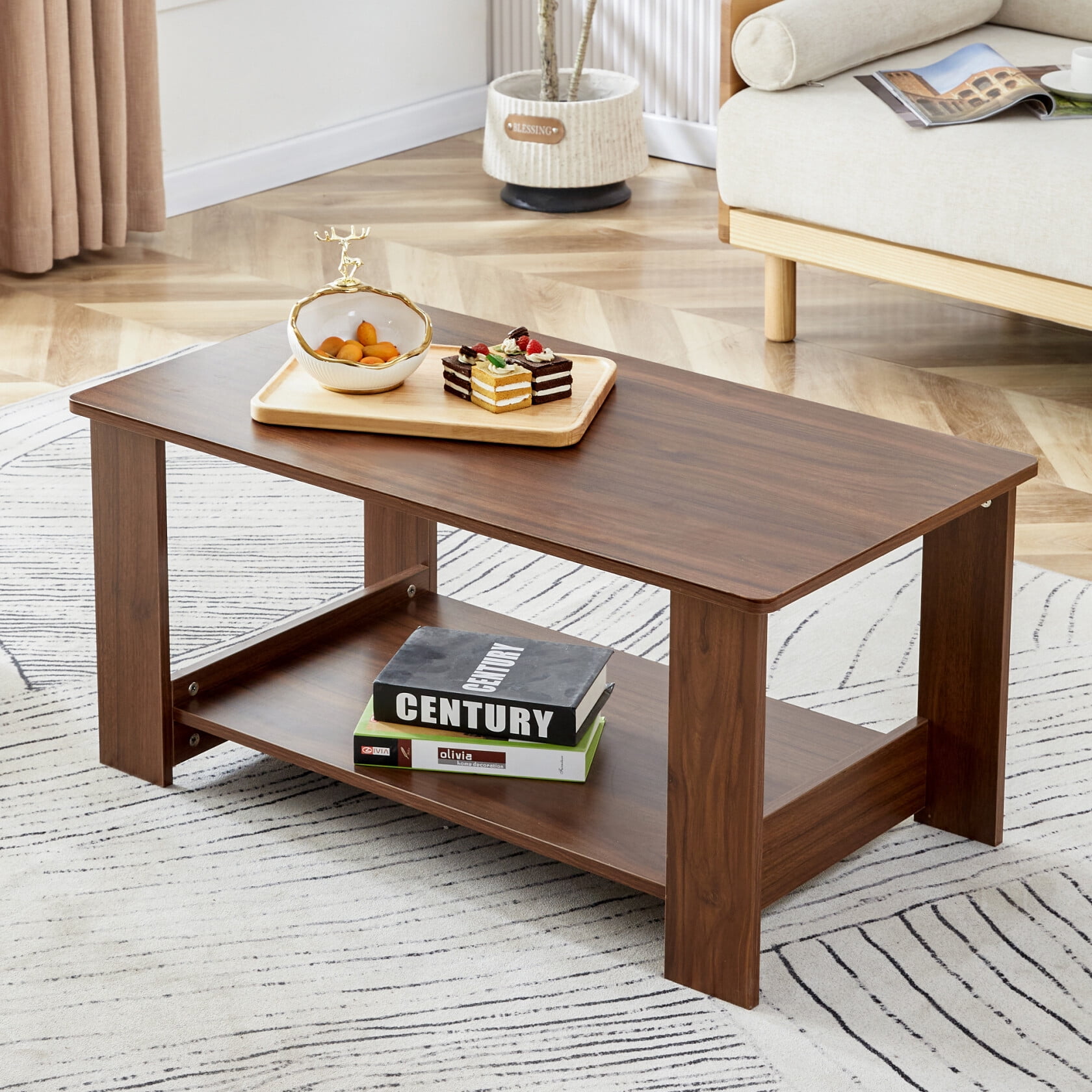 Coffee Table, Center Table with 2-Tier Storage Shelf, Walnut Textured ... - Textured Wooden Tables For Apartment