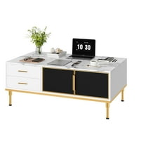 Coffee Table, Center Table for Living Room, Modern Large Coffee Tables with Storage 4 Drawers & 2 Glass Door Storage, Faux Marble Top, Gold Metal Leg, Hidden Compartment for Reception Room