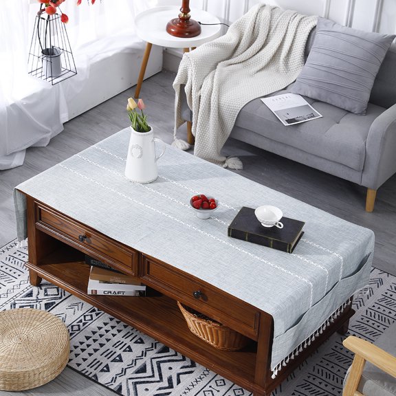 Coffee Table Cloth Cotton and Linen Table Protector Cover, Embroidery Table Cover with Pockets and Tassel, Rectangle Tablecloths Washer Dryer Fridge Top Dust Cover