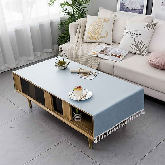 Coffee Table Cloth For Living Room Rectangle,Waterproof,Solid Color Tablecloth With Tassel For TV Cabinet,Wipeable -Light Blue-35x200cm 14x79inch