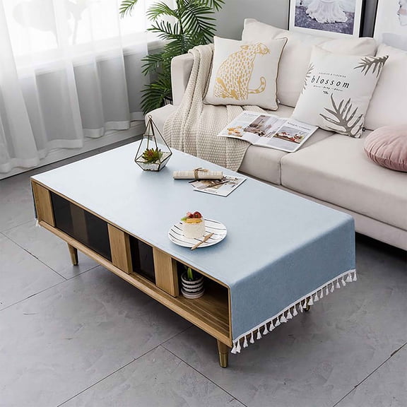 Coffee Table Cloth For Living Room Rectangle,Waterproof,Solid Color Tablecloth With Tassel For TV Cabinet,Wipeable -Light Blue-40x180cm 16x71inch