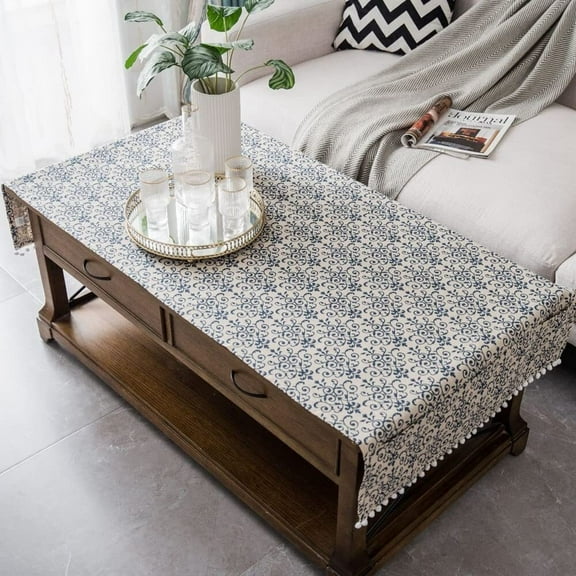 Coffee Table Cloth Rustic Style Living Room Center End Table Cover with Pocket, Cotton Linen Tablecloth