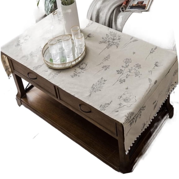 Coffee Table Cloth Rustic Style Living Room Center End Table Cover with Pocket, Cotton Linen Tablecloth
