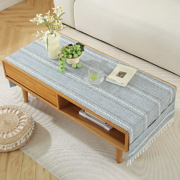 Coffee Table Cloth, Table Cover with Pockets and Tassel, Cotton Linen Rectangle Tablecloths Washer Dryer Fridge Top Dust Cover