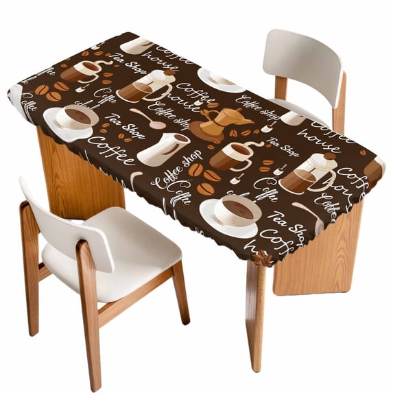 Coffee Table Cloths for 3 Foot Rectangle Tables, Brown Retro Coffee Theme Beans Latte Tea Cup Patio Waterproof Elastic Fitted Tablecloths, Washable Rectangular Table Cover for Camping