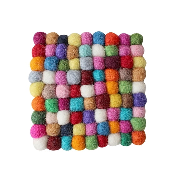 Coffee Table Coasters, Felt Coasters, Poms, 4*4in, Wool Felt, Heat Protection, Colorful Decor, Handmade, Square Shape, 3 Pc