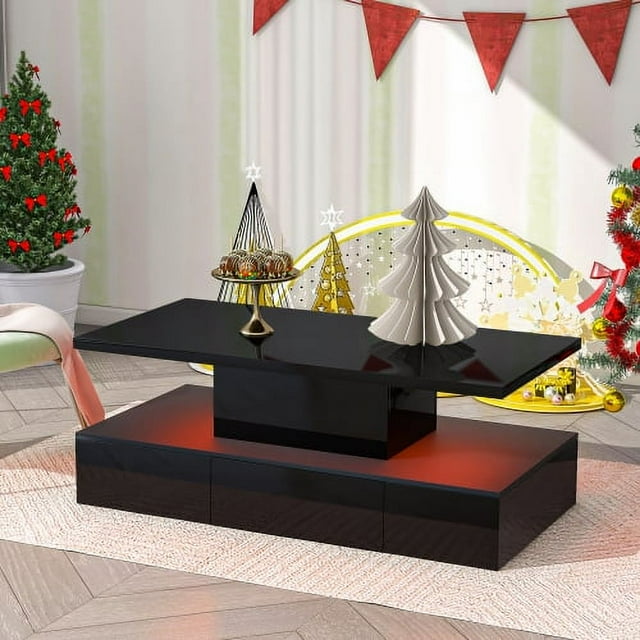 Coffee Table Cocktail Table with Drawer and LED Light, 2-Tier Coffee Table Industrial Design with LED Lighting, 16 Colors with Control, Living Table with Open Shelves for Room, Bedroom, Office, Black