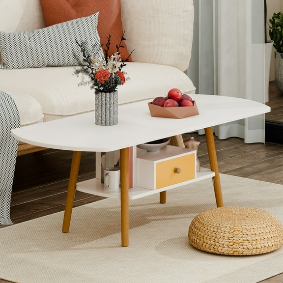 Coffee Table, Coffee Table with Storage Shelf, Tea Table for Living Room, Double Storage Coffee Table, Eco-Friendly Finish Center Table, Easy Assembly -White,100 cm