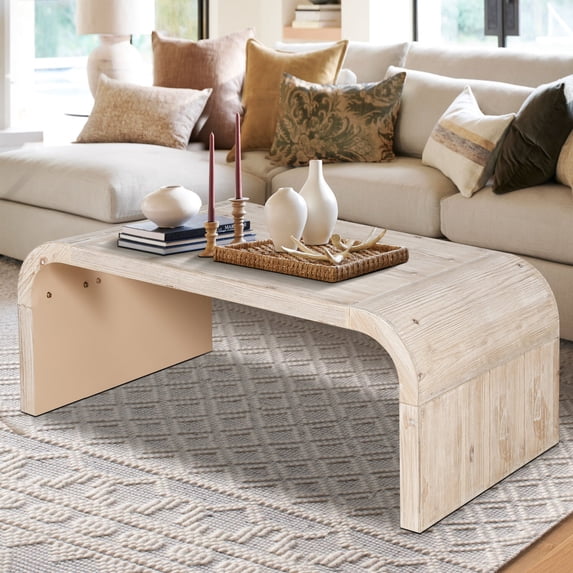 Coffee Table with Curved Art Deco Design, Vintage Rectangle Coffee Table, Farmhouse Accent Center Table Low Cocktail Tea Table with Rounded Corners for Living Room Dining Room, Antique White