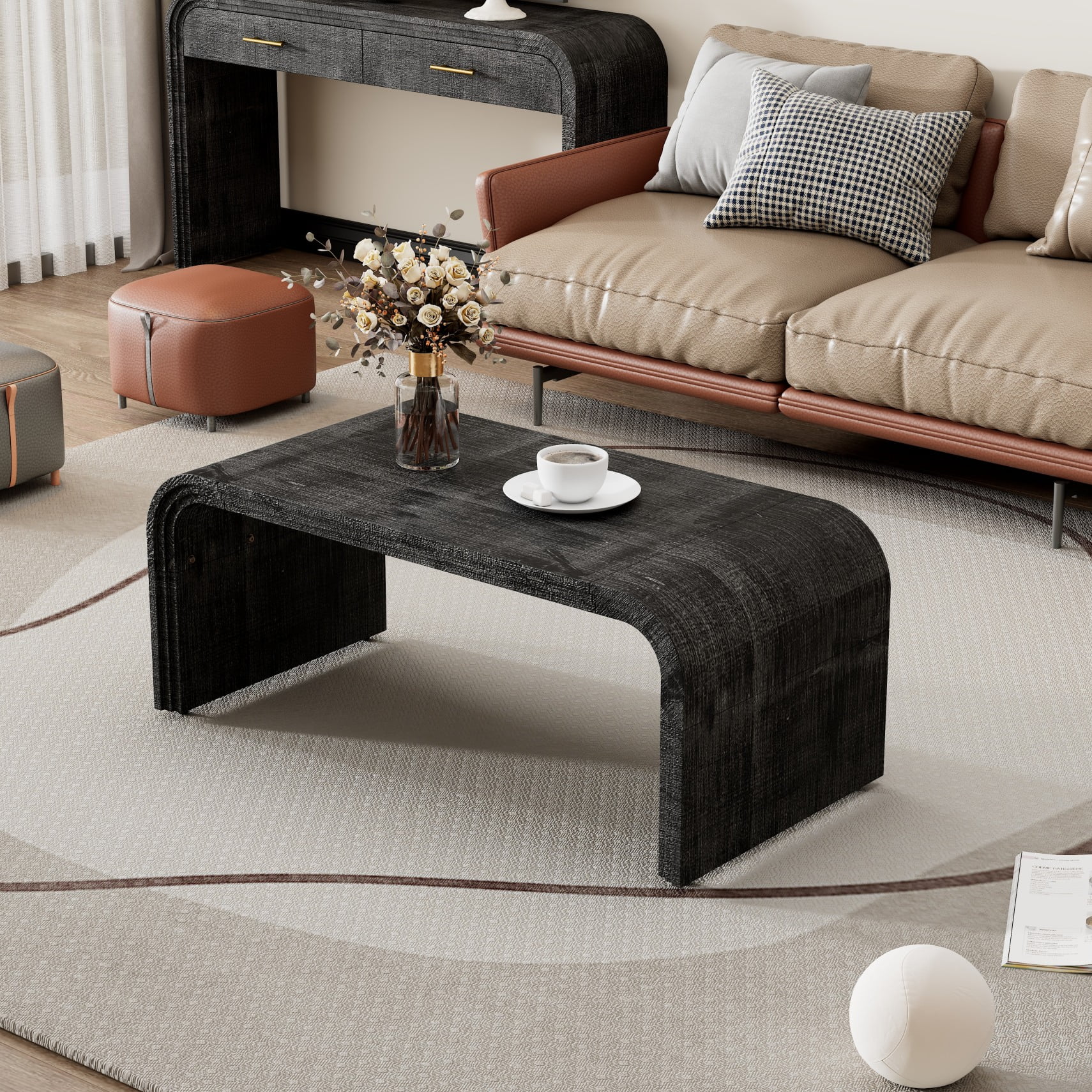 Coffee Table with Curved Art Deco Design, Wooden Rectangle Coffee Table with Curved Art Deco Design, Wooden Rectangle