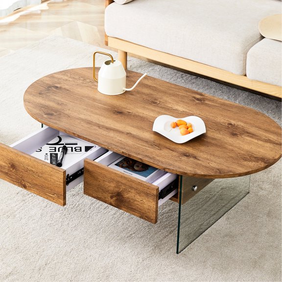 Coffee Table With Double Facility, Sticker Surface And Transparent Tempered Glass Sides, Simple Elegant Outlook, Ample Storage Function, Effortless Assembly Process Double Drawer Table, Topped Board