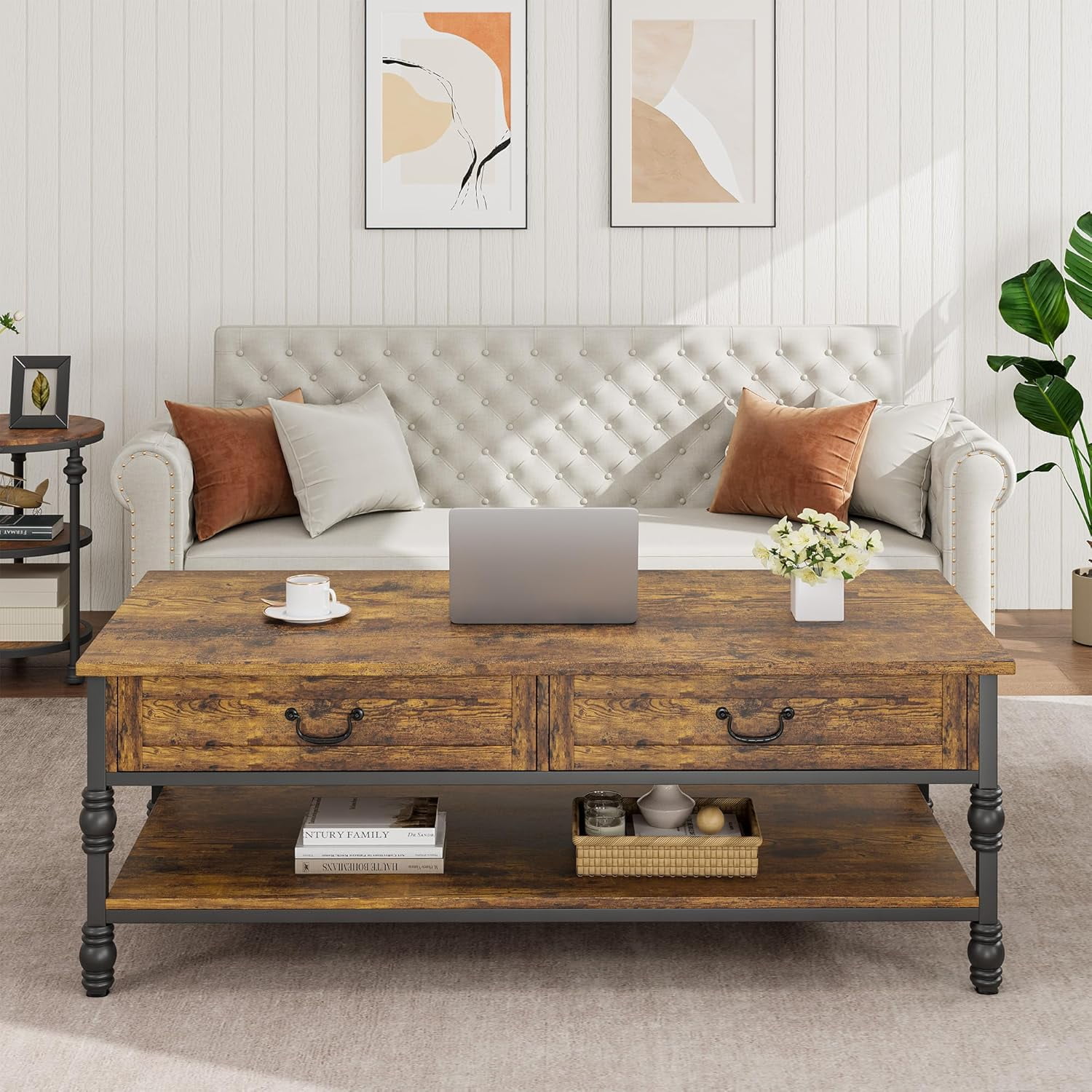 IDEALHOUSE 41 Inch Mid Century Coffee Table With Drawers - Rustic Brown Retro Storage Table