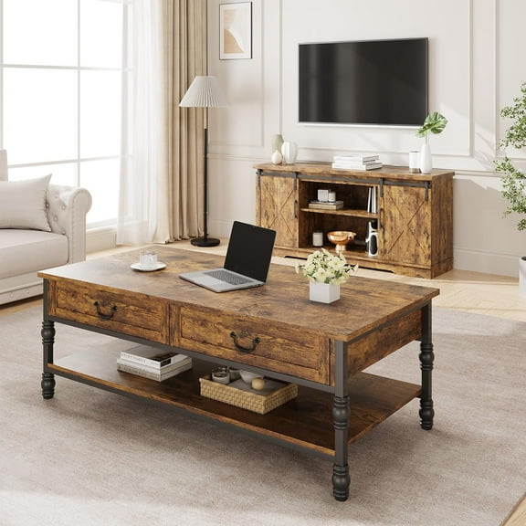 Coffee Table with Drawers, 41" Large Center Table with Storage Space, Rectangular Cocktail Table, Mid Century Wooden Coffee Tables Retro Living Room Table Vintage Tea Table, for Living Room Office