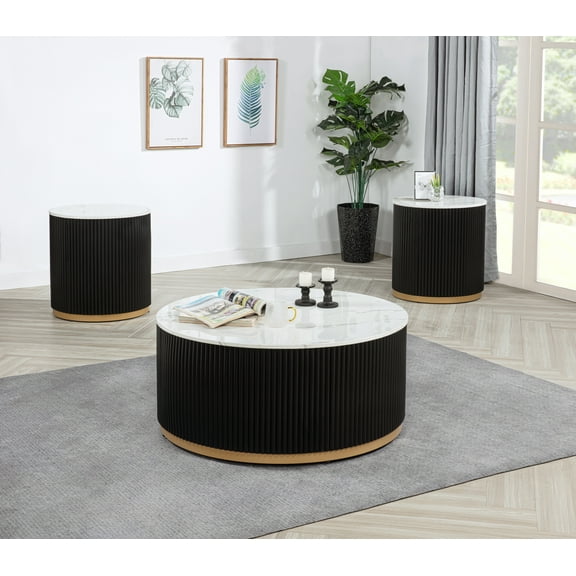 Coffee Table and End Table Set, 3-Piece Cocktail Group with Faux Marble Tops, Black Reeded Base and Gold-Finished Metal Legs, Coffee Table with Casters, Round Living Room Set
