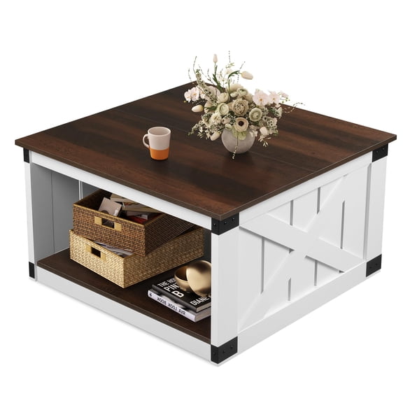 Coffee Table, Farmhouse Coffee Table with Open Storage, 31.5" Wood Square Living Room Tables, Rustic Dining Cocktail Center Table for Living Room, Espresso