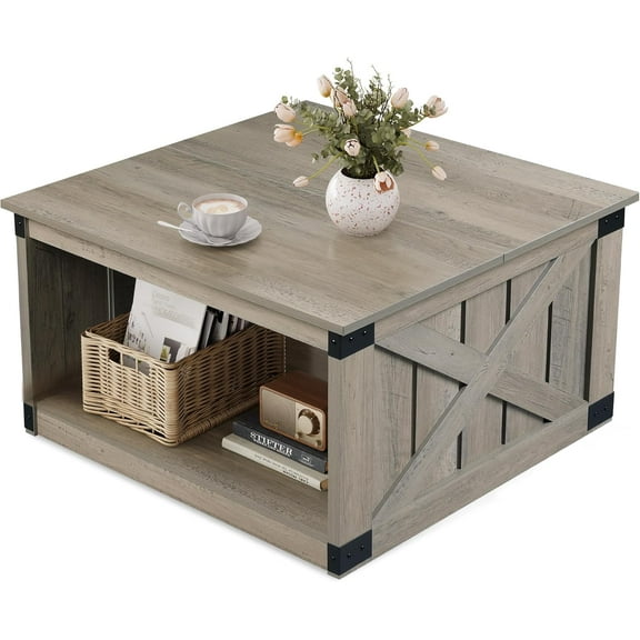Coffee Table, Farmhouse Coffee Table with Open Storage, 31.5" Wood Square Living Room Tables, Rustic Dining Cocktail Center Table for Living Room, Greige