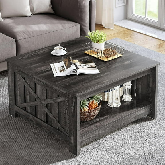 Coffee Table Farmhouse Coffee Table with Storage Rustic Wood Cocktail Table,Square Coffee Table for Living Meeting Room with Half Open Storage Compartment,Grey Wash