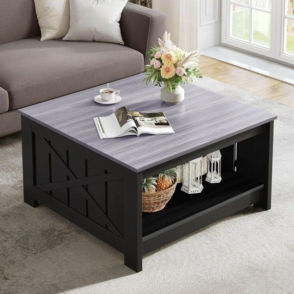 Farmhouse Coffee Table with Storage Rustic Wood Cocktail Table, Square Coffee Tables for Living Meeting Room with Half Open Storage Compartment, Grey and Black