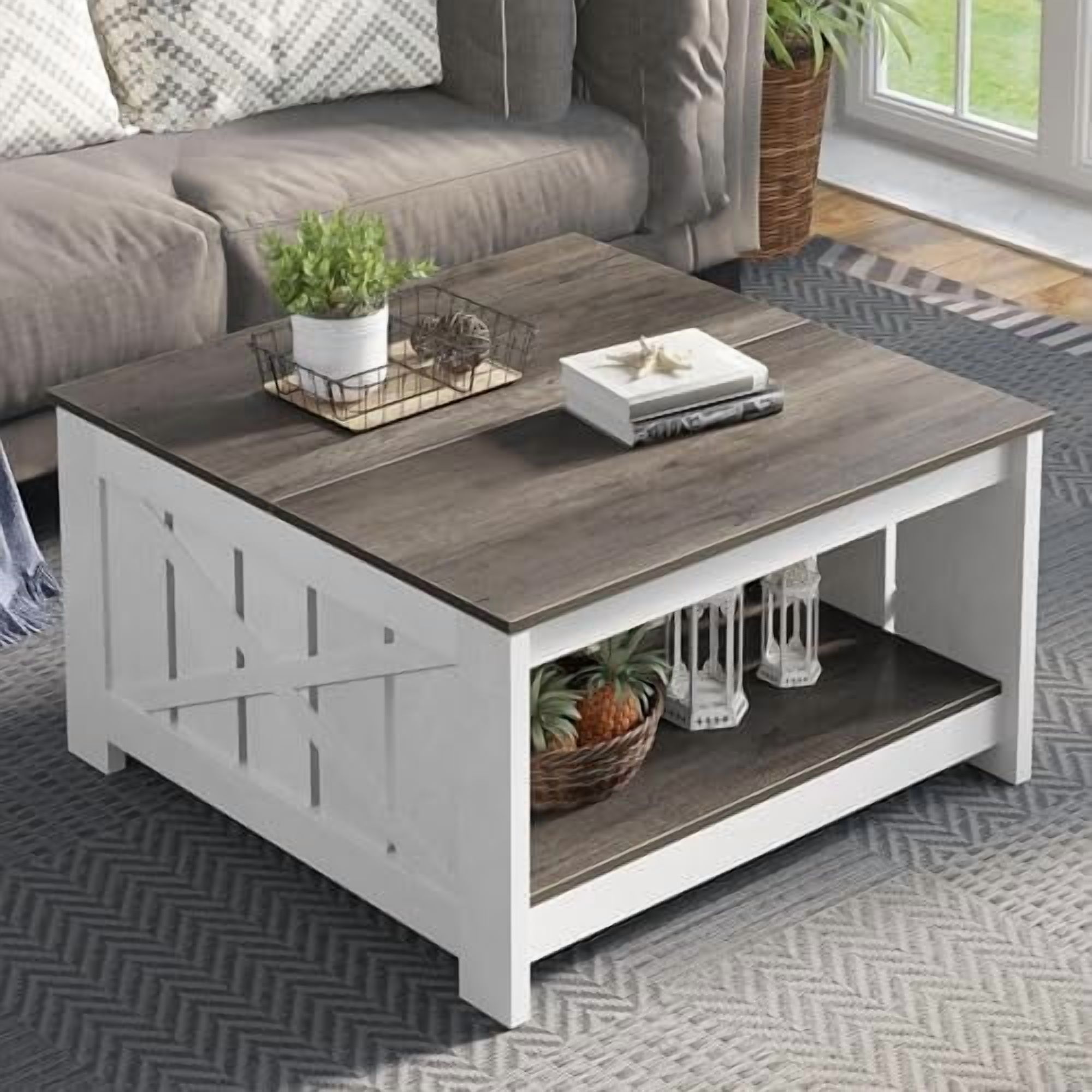 Image showcasing Coffee Table Farmhouse Coffee Table with Storage Rustic Wood Cocktail ...