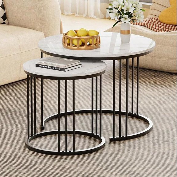 Coffee Table Faux Marble Nesting Table For Small Place 2 Sets Modern Furniture Living Room Sets End Side Table Night Stand For Bed Room Dining Room (White & Gold) Black