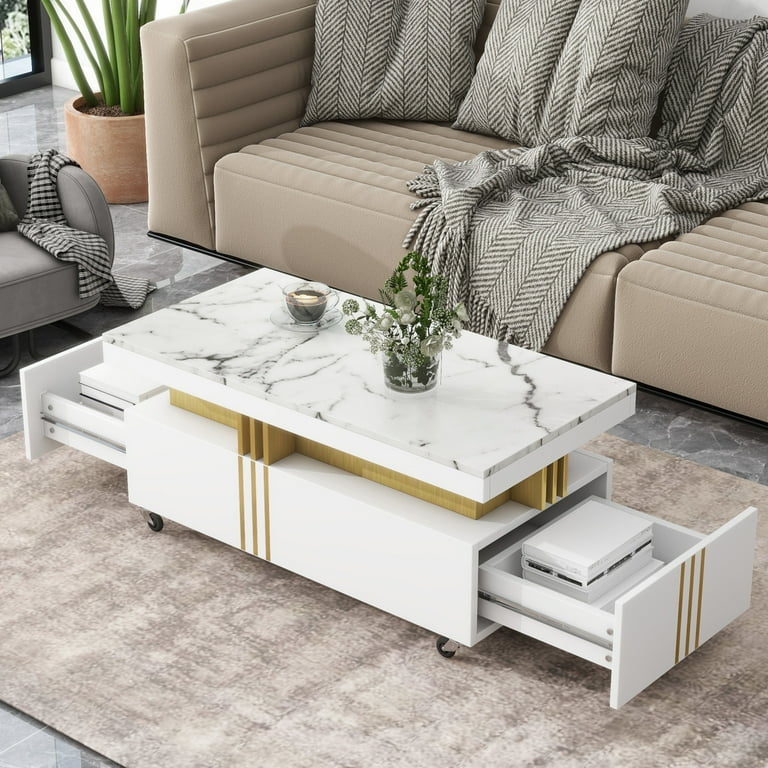 Coffee Table with Faux Marble Top Rectangle Cocktail Table with 2 Drawers and Caster Wheels Contemporary Luxury Center Table with Gold Metal Bars