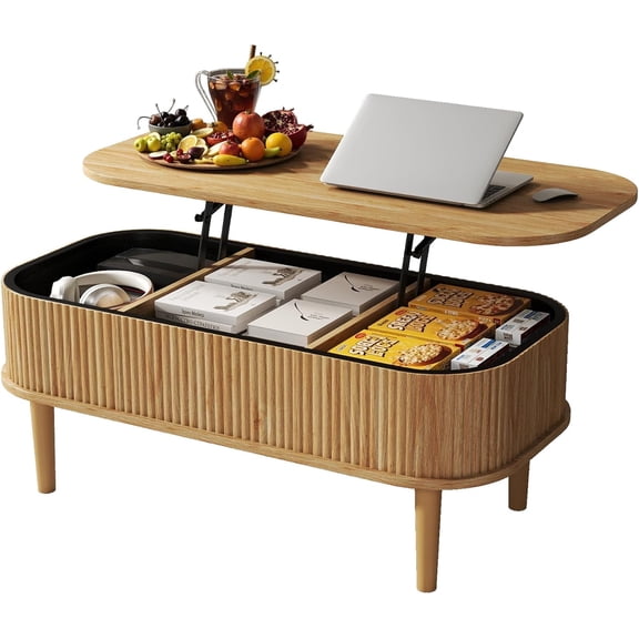 Hanyu Coffee Table, Fluted Lift Top Coffee Tables for Living Room, Center Tables with Hidden Compartment, Modern Oval Coffee Table for Home Office, Natural