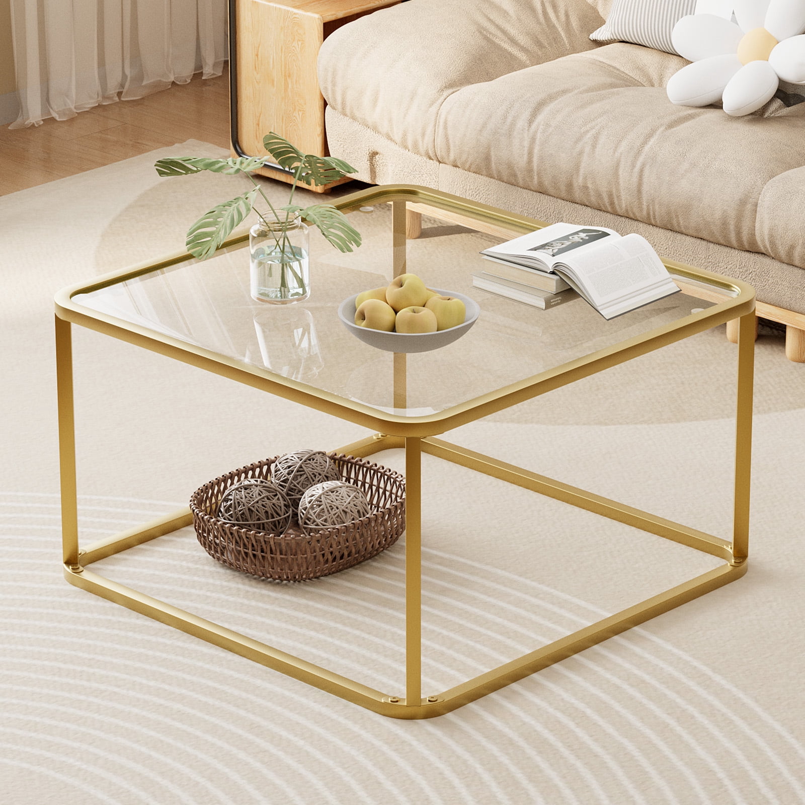 Coffee Table Glass, Minimalist Square Tables for Living Room, Modern Center Table for Office or Small Space, Tempered Glass, Sturdy Metal Frame, Easy Assembly, 26.4 x 26.4 x 15.7 Inches Gold