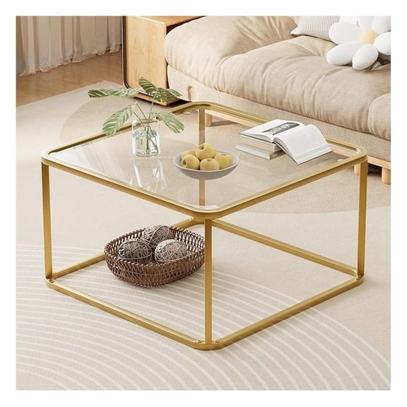Coffee Table Glass, Minimalist Square Tables for Living Room, Modern Center Table for Office or Small Space, Tempered Glass, Sturdy Metal Frame, Easy Assembly, 26.4 x 26.4 x 15.7 Inches,