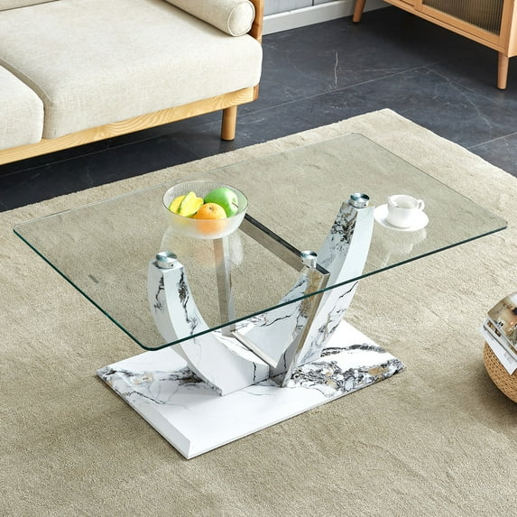 Coffee Table with Glass Top, Rectangular Tempered Glass End Table with Marble Patterned MDF Legs, Minimalist Coffee Table for Living Room, Bedroom and Office