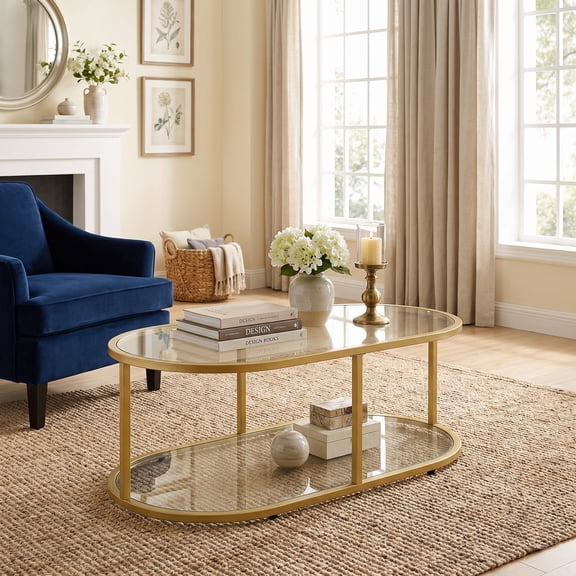 Aboxoo Modern Storage and 2 Tiers Oval Tempered Glass Coffee Table with Sturdy Metal Frame, Gold / Clear