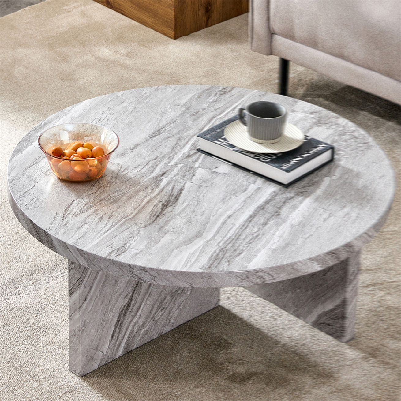 Image showcasing Coffee Table, Gray Mdf Material Circular Textured Coffee Table, 31.4 ...