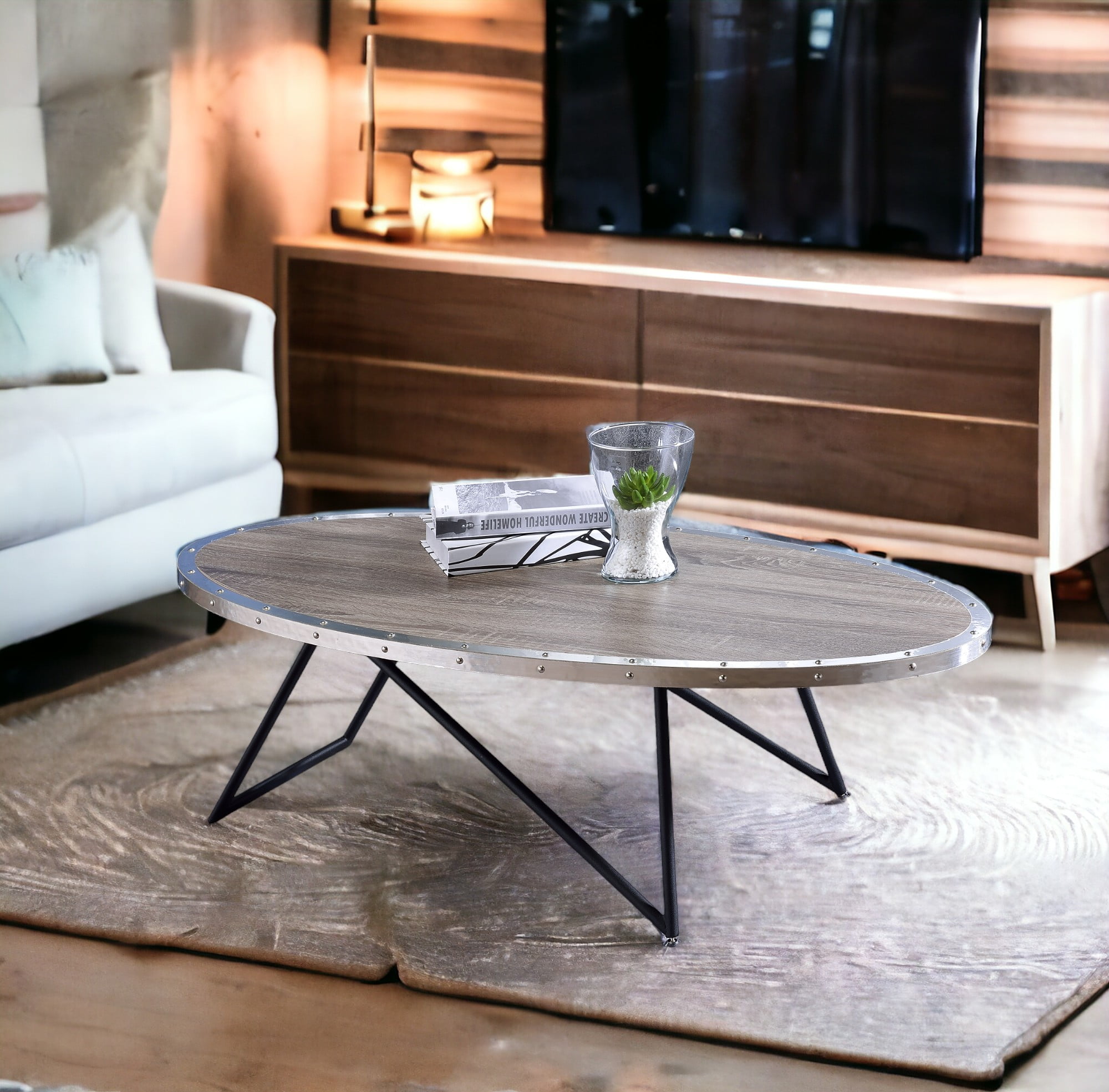 Coffee Table, Gray Oak & Metal Finish