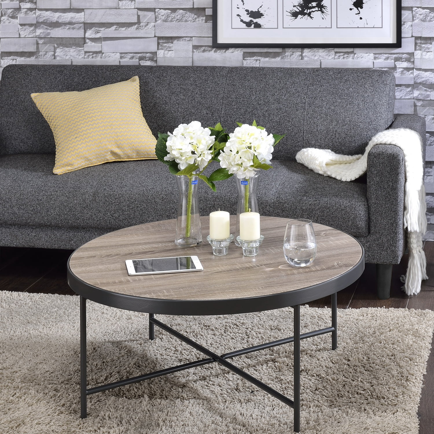 Coffee Table, Gray Oak & Metal Finish
