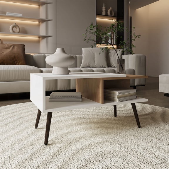 Coffee Table Having 2 Shelves and 4 Legs, White/Natural Oak, Perfect for Small/Medium Living Rooms