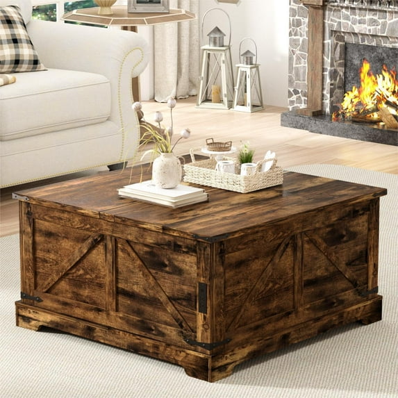 Coffee Table with Hidden Storage, 35.4" W Farmhouse Lift Top Wood Square Center Table with Charging Station, Rustic Cocktail Tables with Flip Top Lids for Living Room, Home Office, Rustic Brown