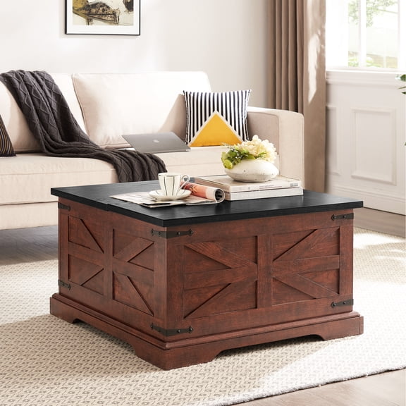 Coffee Table With Hidden Storage Feature, Square Rustic Center For Living Room, Hinged Lift Top, 31.5x31.5x18.5, Oak Finish Desk Broad Compartment, Top Area, 31.5''x31.5''x18.5'',