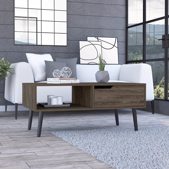 Coffee Table In Dark Brown With Open Shelf And Drawer Walnut Versatile