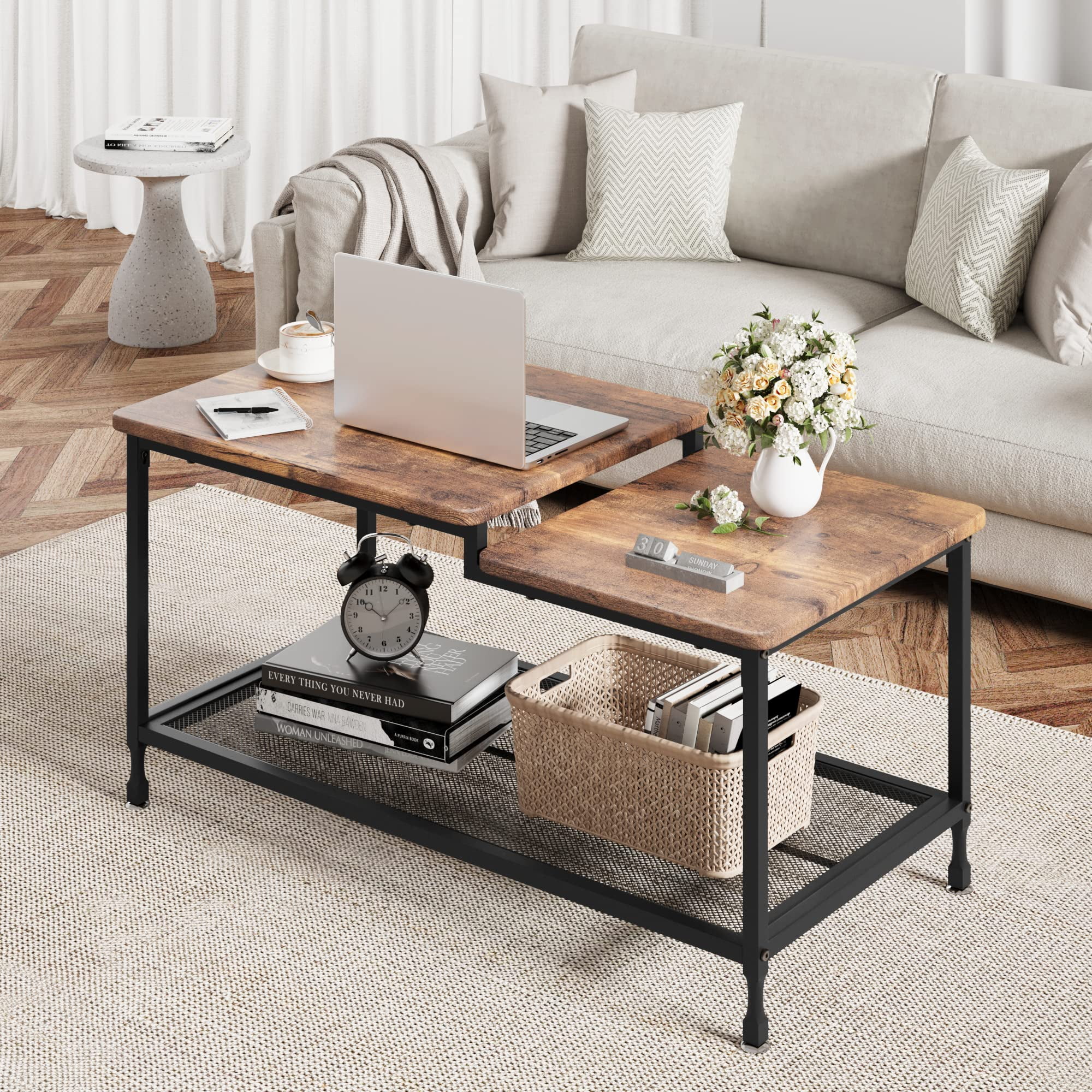 Coffee Table Industrial Living Room Table 2-Tier Rustic Center Table ...