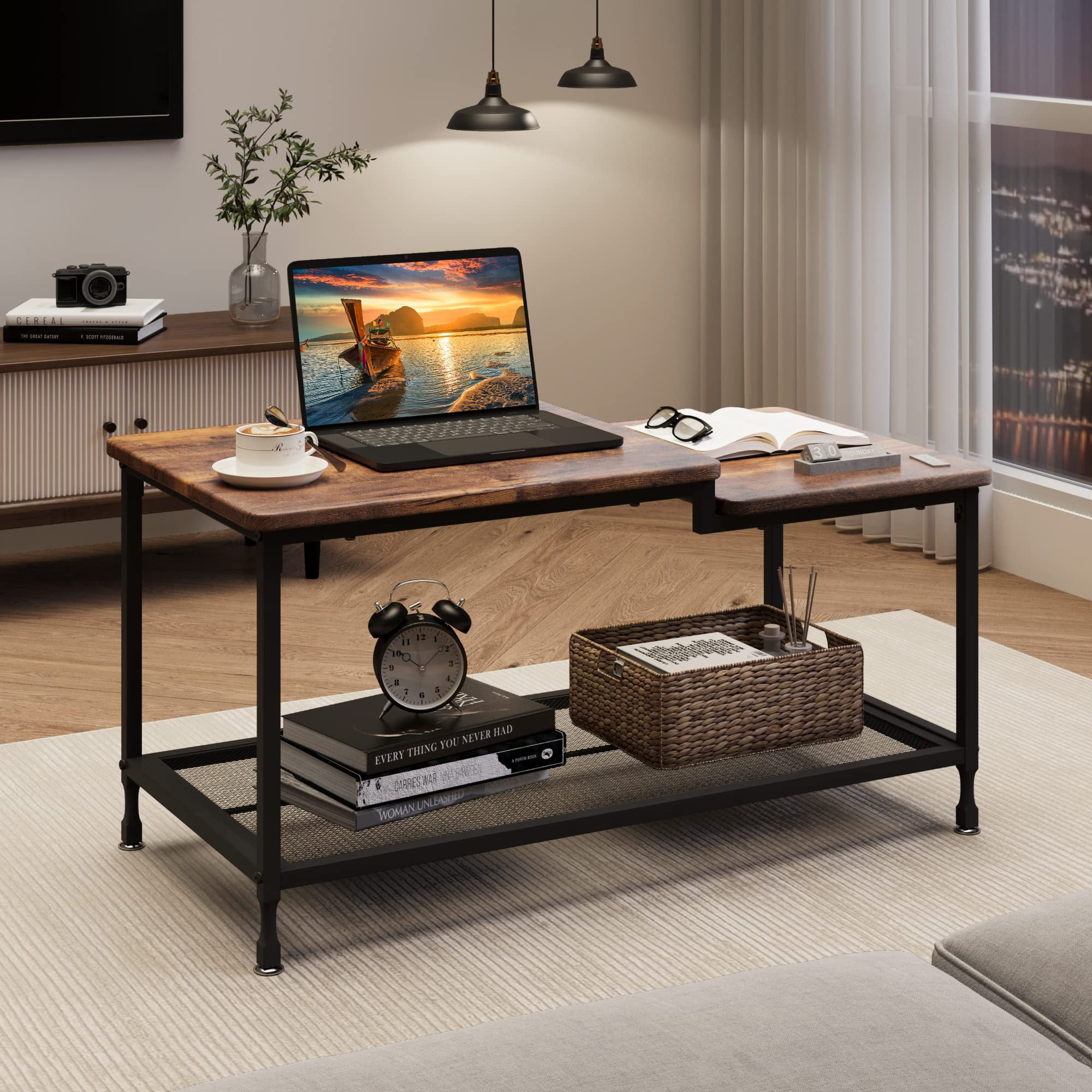 Coffee Table Industrial Living Room Table 2-Tier Rustic Center Table ...