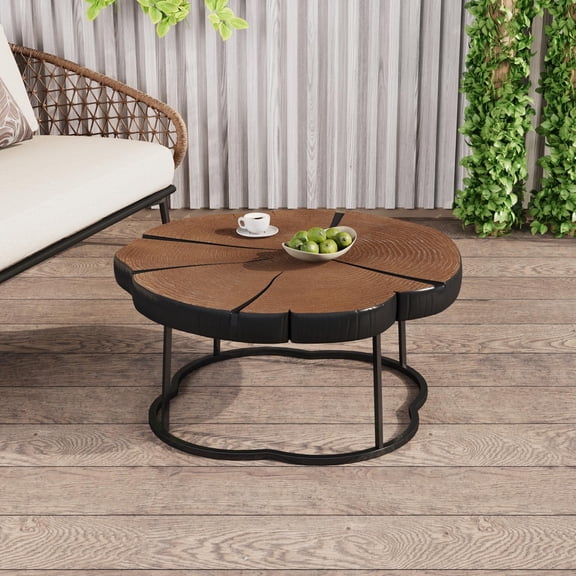 Coffee Table, Irregular Shape Artisan Coffee Table With Durable MGO Top Nature Wood Finish And Black Metal Base, Handcrafted For Living Room, Black Natural