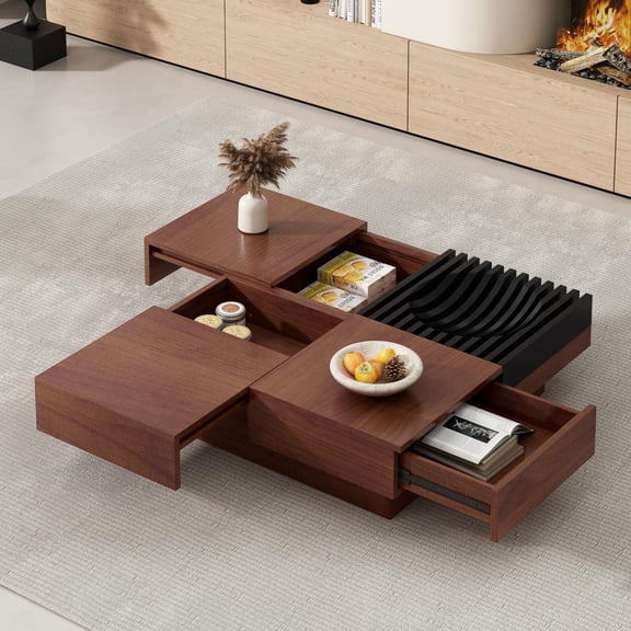 Coffee Table, Italian Retro Style Acacia Wood Coffee Table With Storage Compartments, Square Design For Living Room Lounge, Brown Black