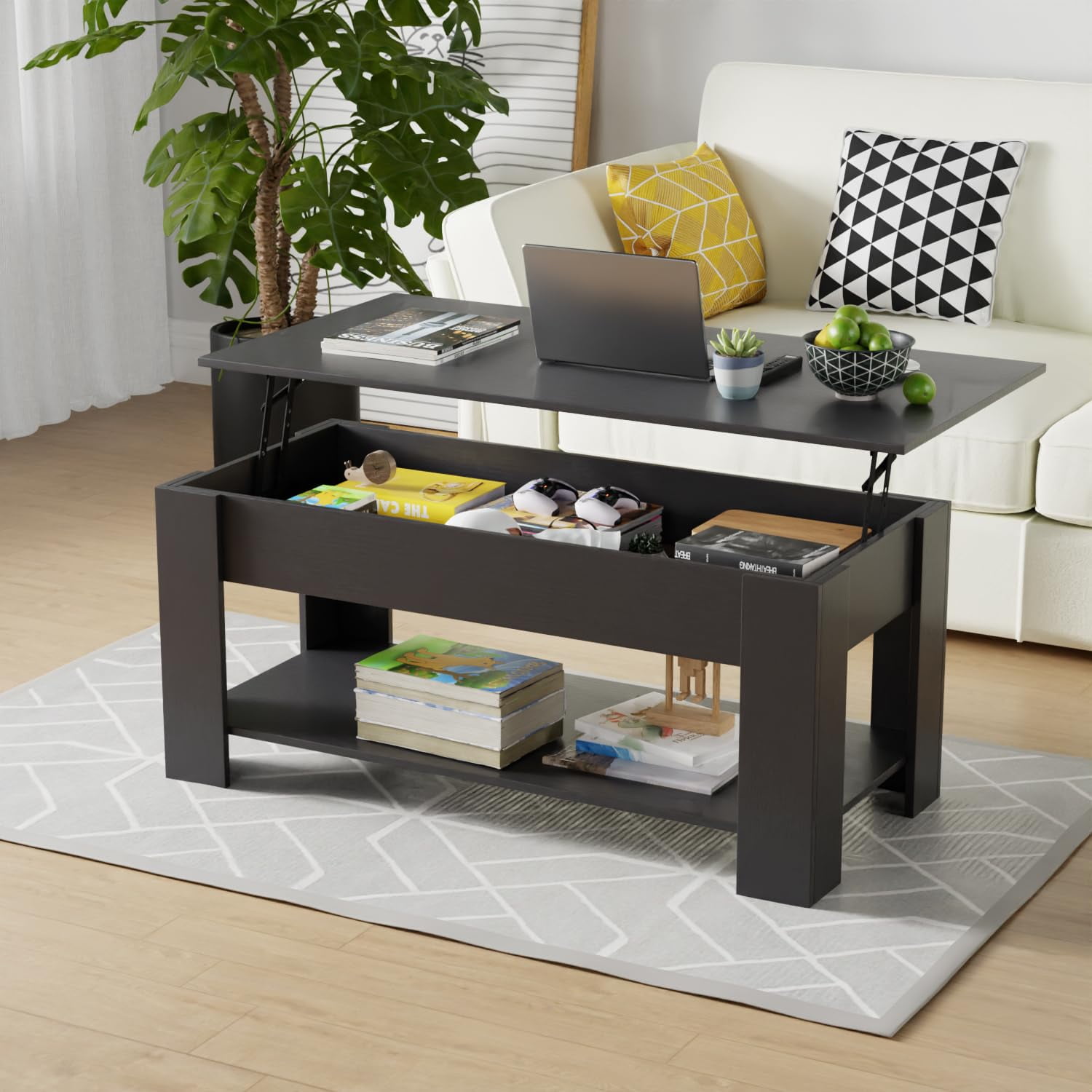 Black Metal and Wood Lift-Top Rectangular Coffee Table