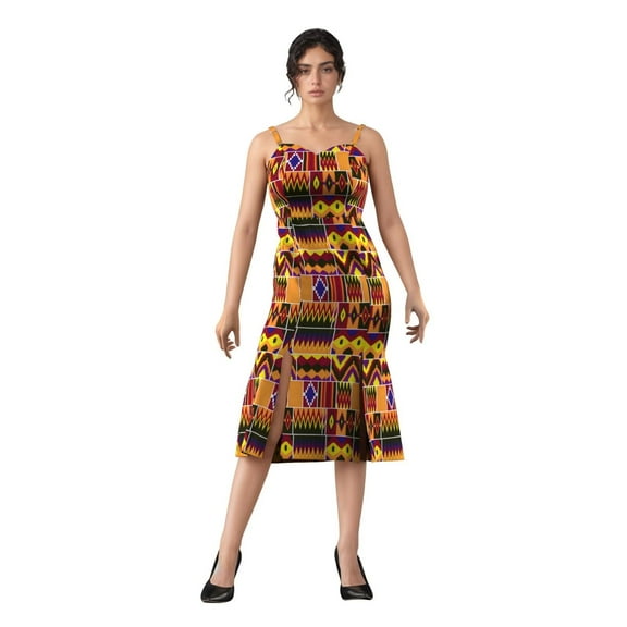 Bintarealwax African Print Dress for Women Sleeveless Sexy Spaghetti Strap Bodycon Midi Dresses Cocktail Party Summer