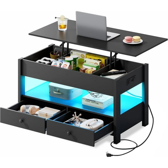 Coffee Table, Lift Top Coffee Table with Drawers, LED Light, Large Storage and Open Shelf, Lift Tabletop for Living Room, Deep Black