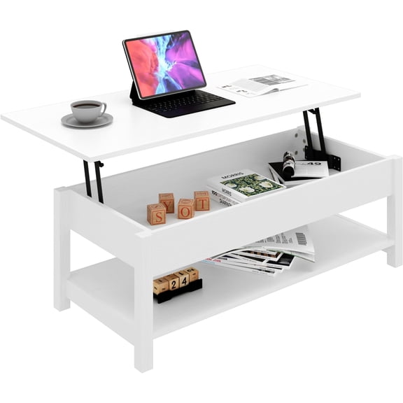 Coffee Table, Lift Top Coffee Table with Hidden Compartment and Open Shelf, Lift Tabletop Pop-Up Coffee Table for Living Room, 45.28" L, White