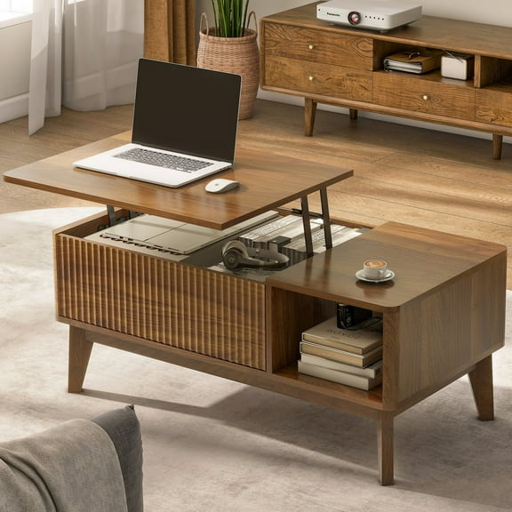 Coffee Table, Lift Top Coffee Table with Storage, Small Living Room Furniture, Fluted Design, 16.22'' H X 37.4'' W X 18.9'' D